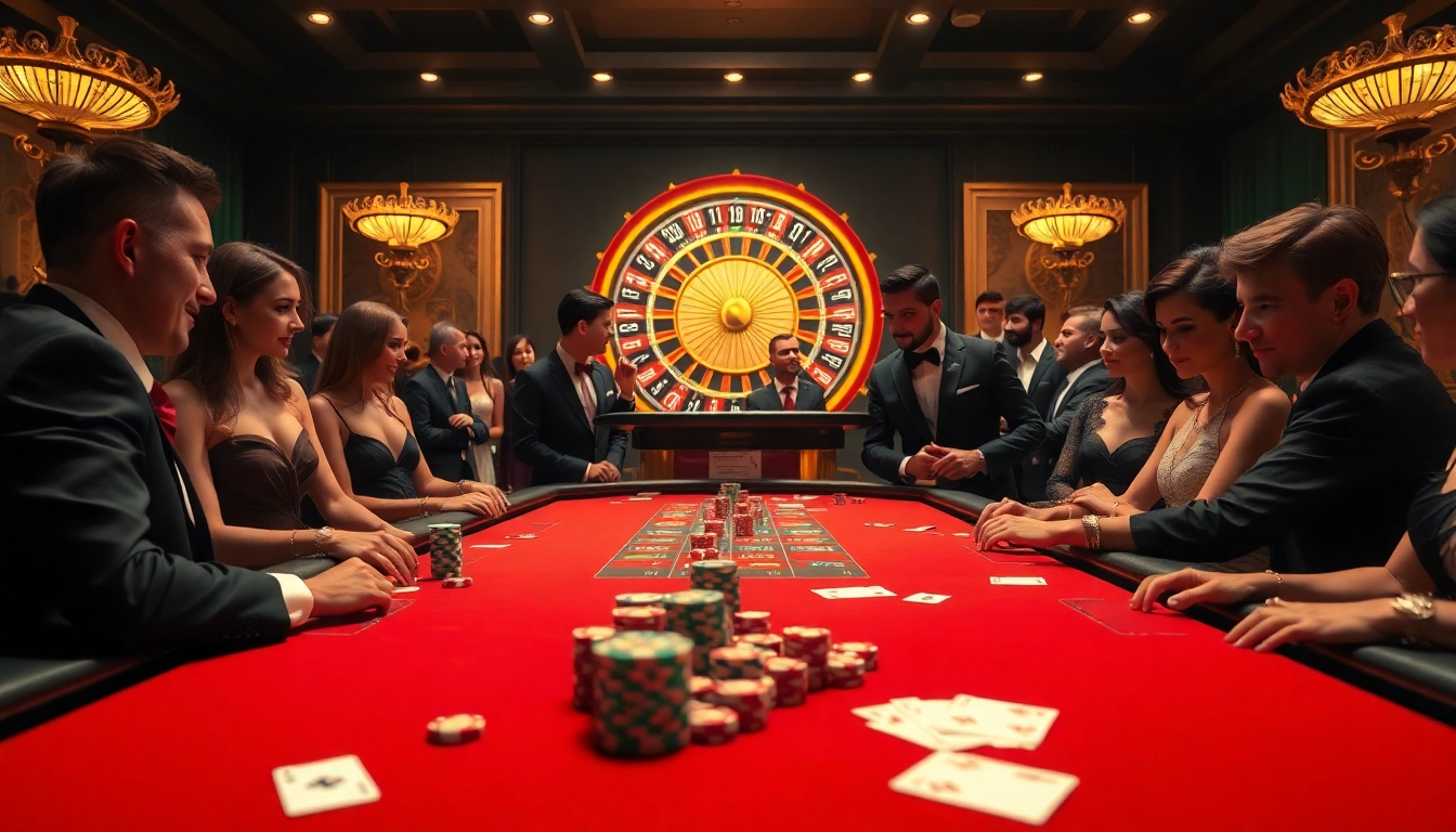 Exciting gambling scene at 8day casino with poker chips, cards, and a roulette wheel.